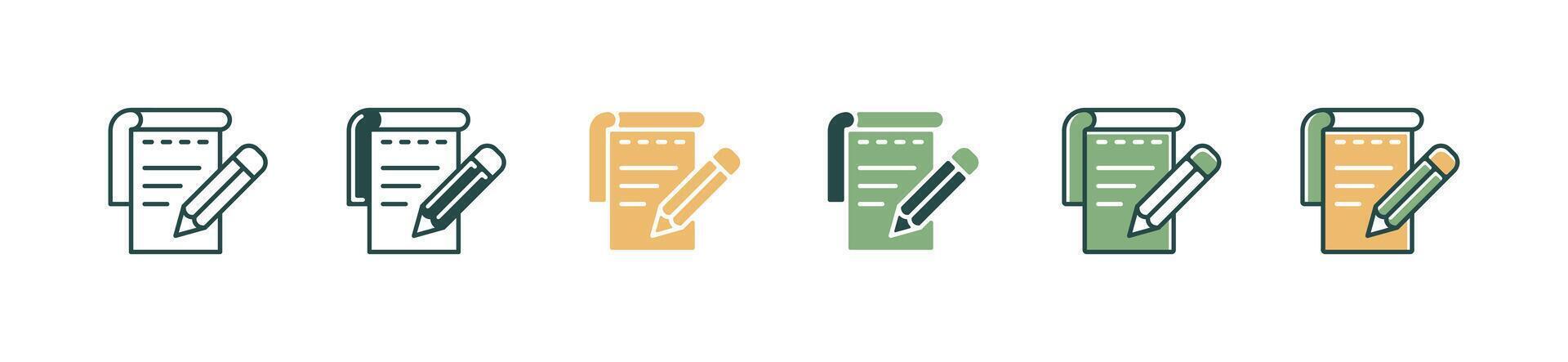 notepad with pencil icon set education note paper book writing business learning with crayons symbol illustration vector