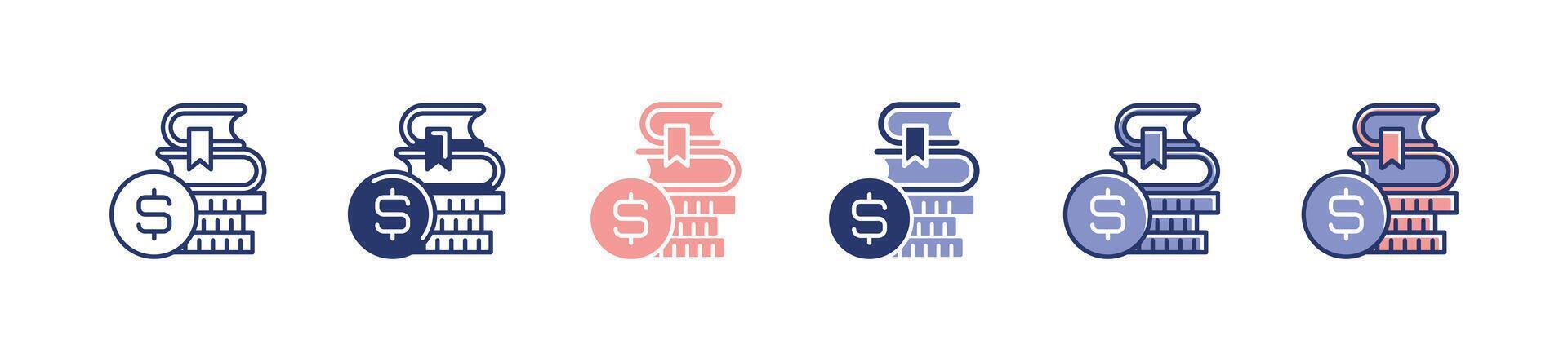 pile of coin and book stack icon set education scholarship intuition fee academy course cost signs illustration vector