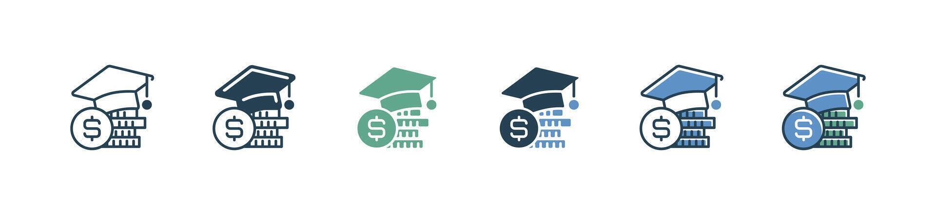 graduation cap with coin stack icon set university cost scholarship tuition study financial illustration vector