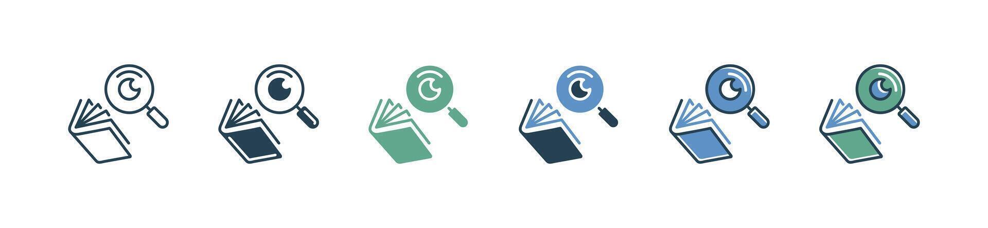 magnifier zoom open book icon set education research study literature writing illustration for web and app vector