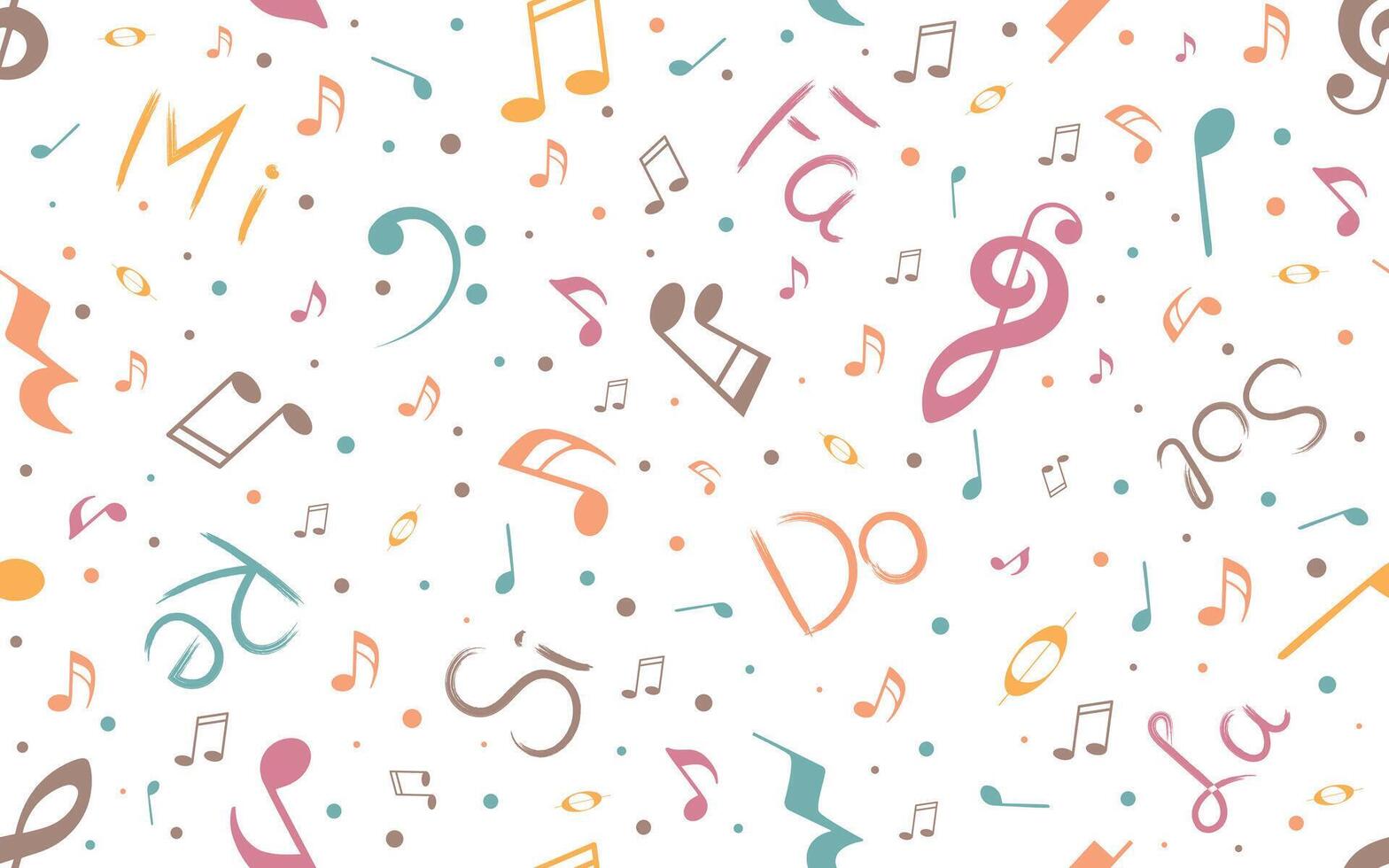 Musical seamless pattern. Light backround with musical notes and solfege syllables for kids textile, music themed blogs, scrapbook, packaging, fabric vector