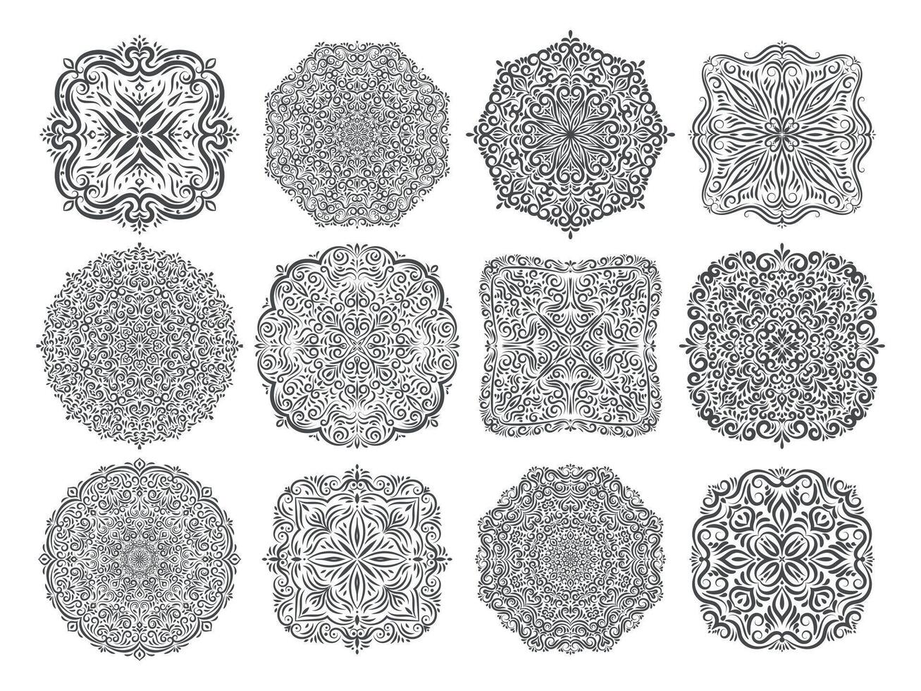 set of circular intricate ornamental designs. Collection of mandalas or heraldic emblems for logo design, invitations, tattoos, or textile prints vector