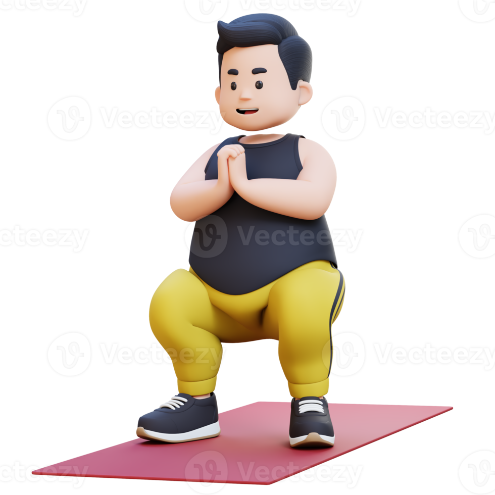 3D Plus Size Overweight obesse man Doing Squats on a Yoga Mat png