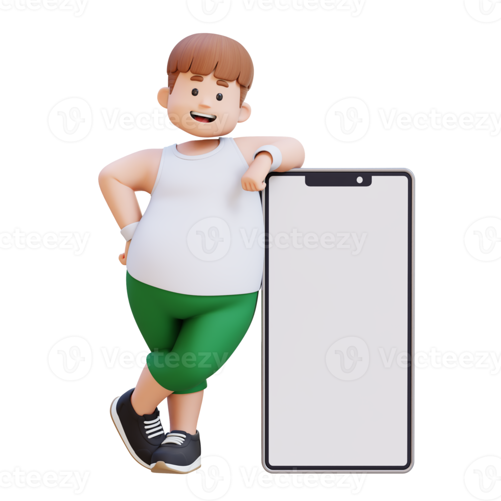 3D plus size overweight man character Leaning on a Smartphone png