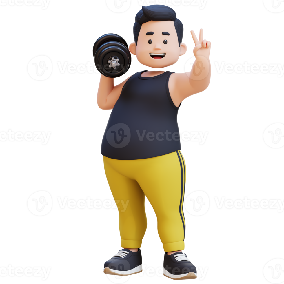 3D Plus Size Overweight obesse man with Dumbbells giving peace sign png