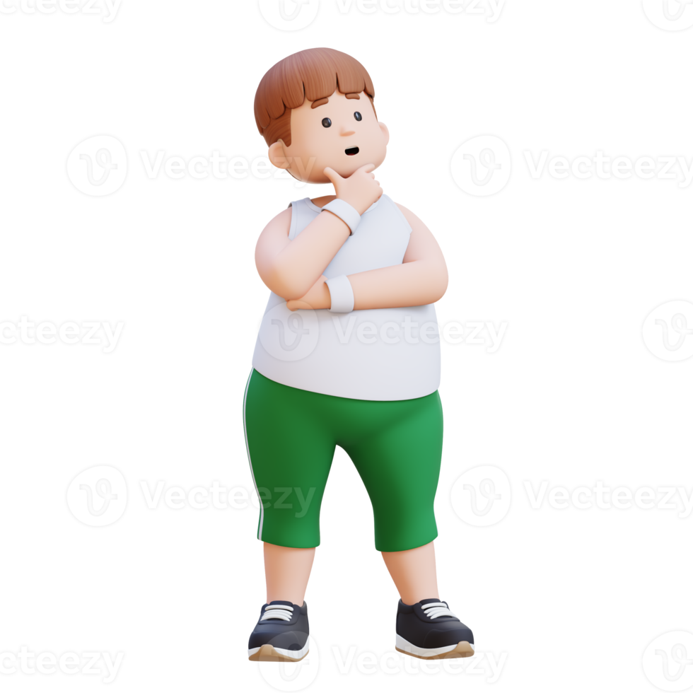 3D plus size overweight fat man character thinking pose png