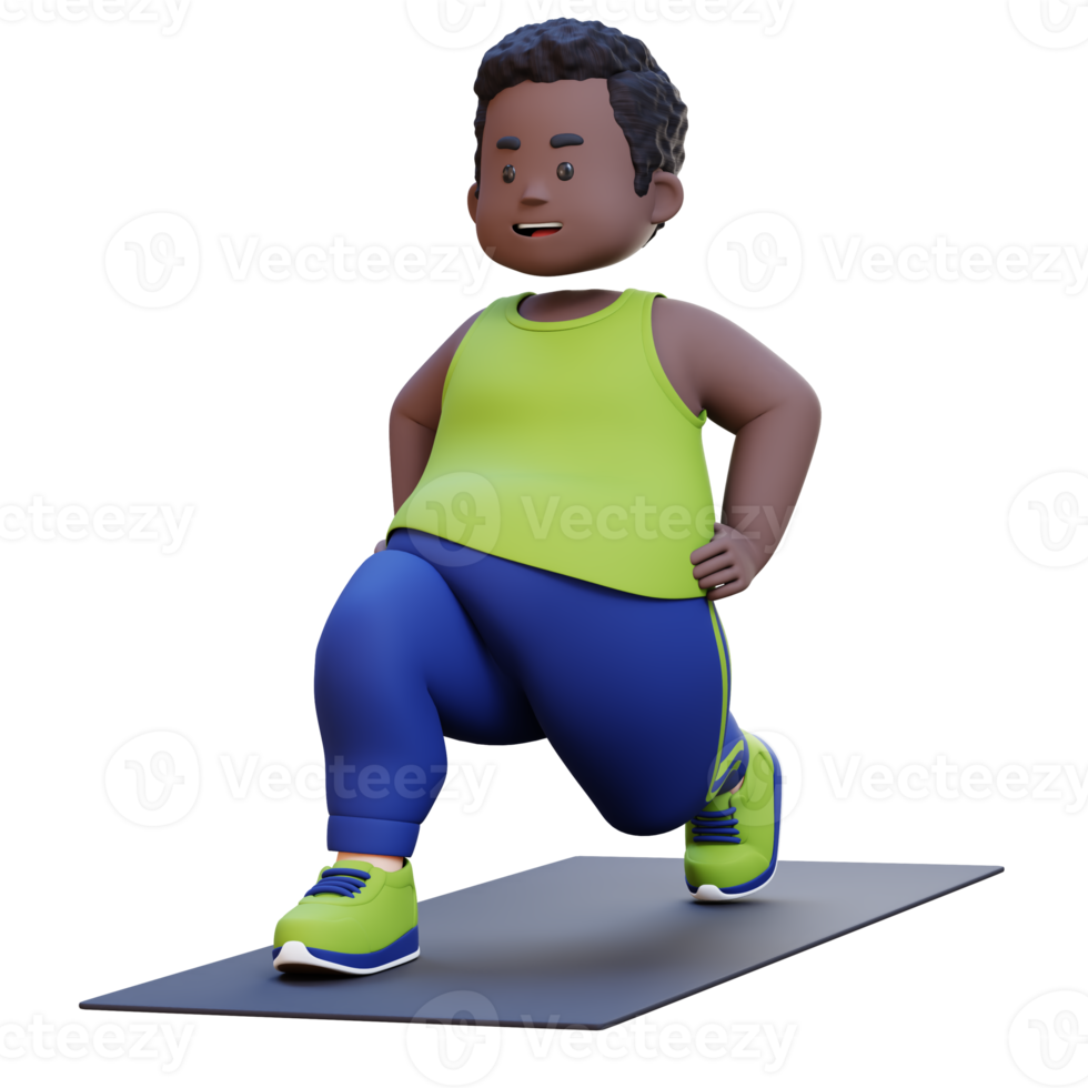 3D Plus Size Overweight obesse african man Dynamic Lunges Exercise on Yoga Mat png
