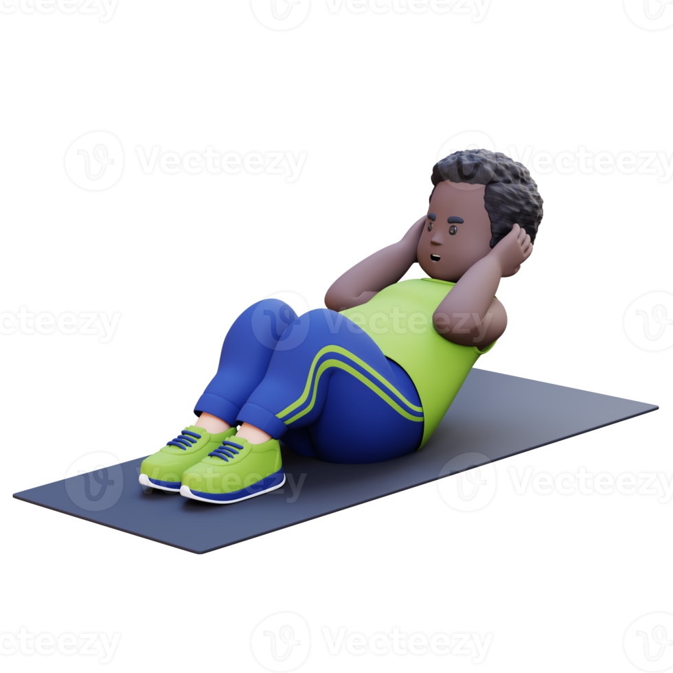 3D Plus Size Overweight obesse african man Doing Sit Ups on a Mat png