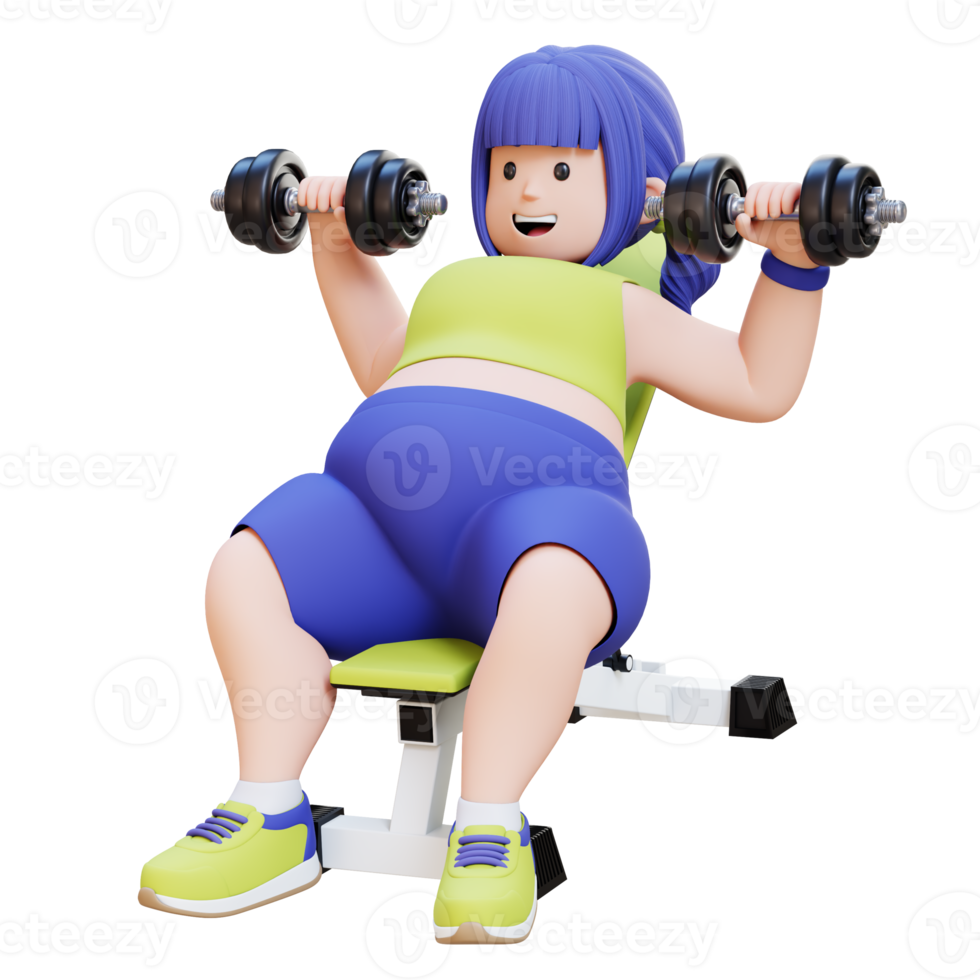 3D Plus Size Overweight woman Incline Bench Dumbbell Chest Press png