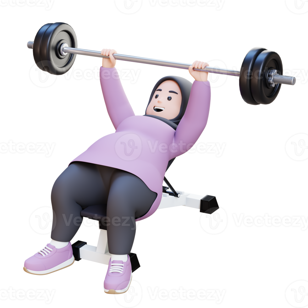 3D Plus Size Overweight muslim woman doing Incline Bench Press png