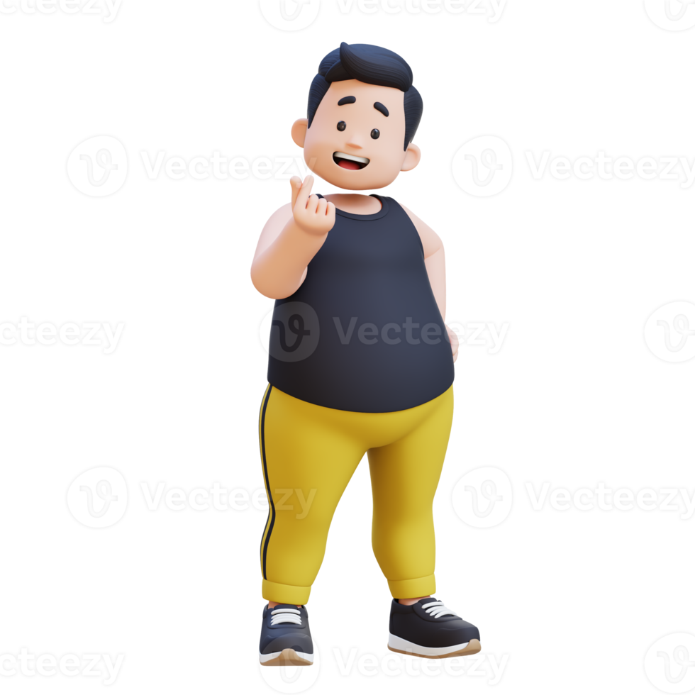 3D plus size overweight obesse man giving love hand sign png