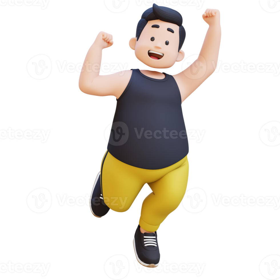Joyful 3D plus size overweight obesse man Victory Jump png