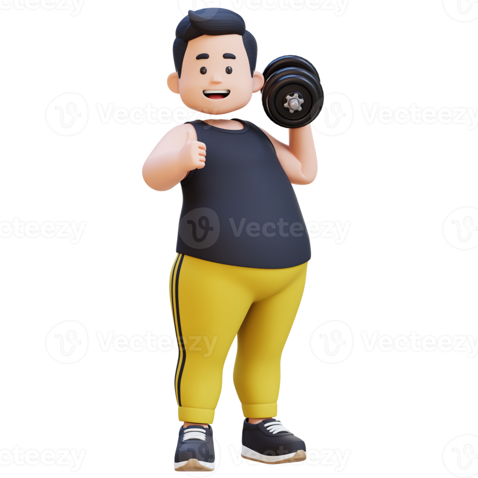 3D Plus Size Overweight obesse man with Dumbbells giving thumbs up png