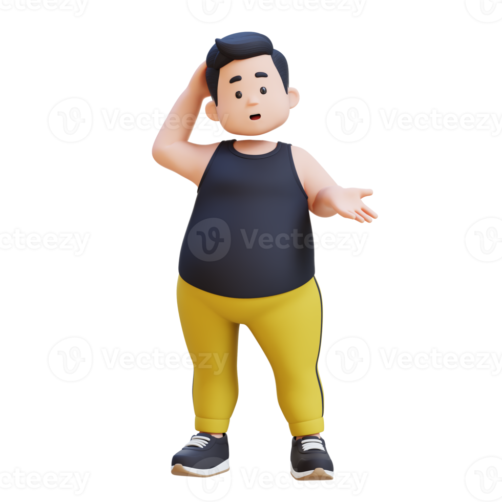 Confused 3D plus size overweight obesse man png