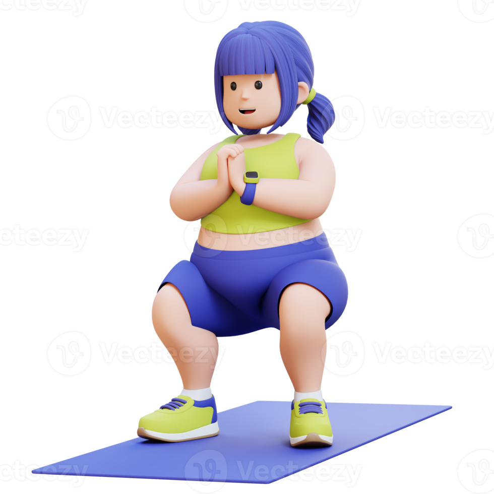 3D render Plus Size Overweight woman Doing Squats on a Yoga Mat png