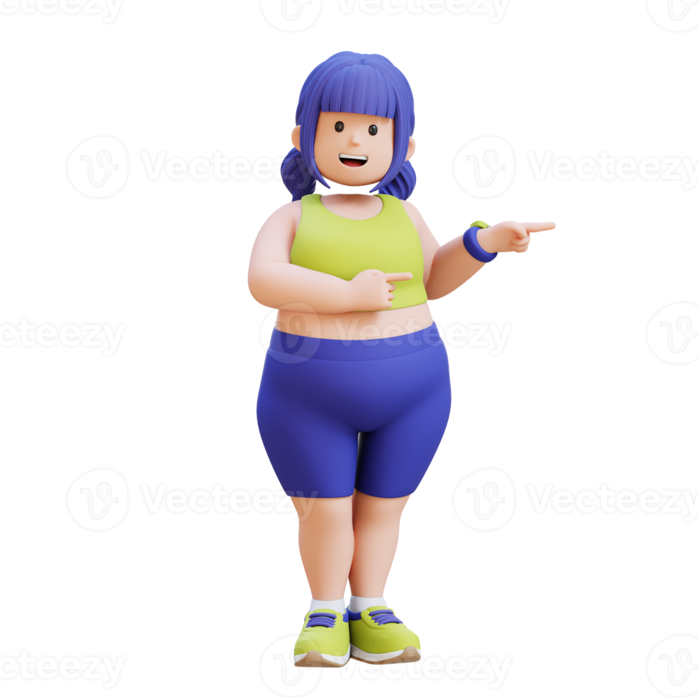 3D render plus size overweight woman pointing to side png
