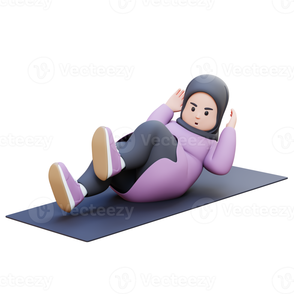 3D Plus Size Overweight muslim woman exercise Bicycle Crunch png