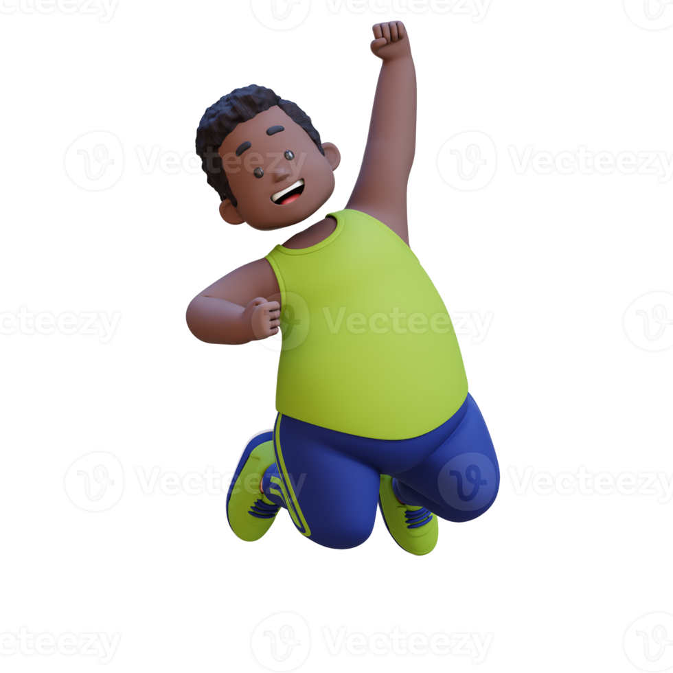 3D plus size overweight obesse african man in sportswear jumping with excitement png