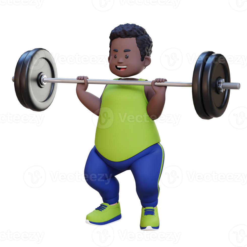 3D Plus Size Overweight obesse african man workout with barbell png