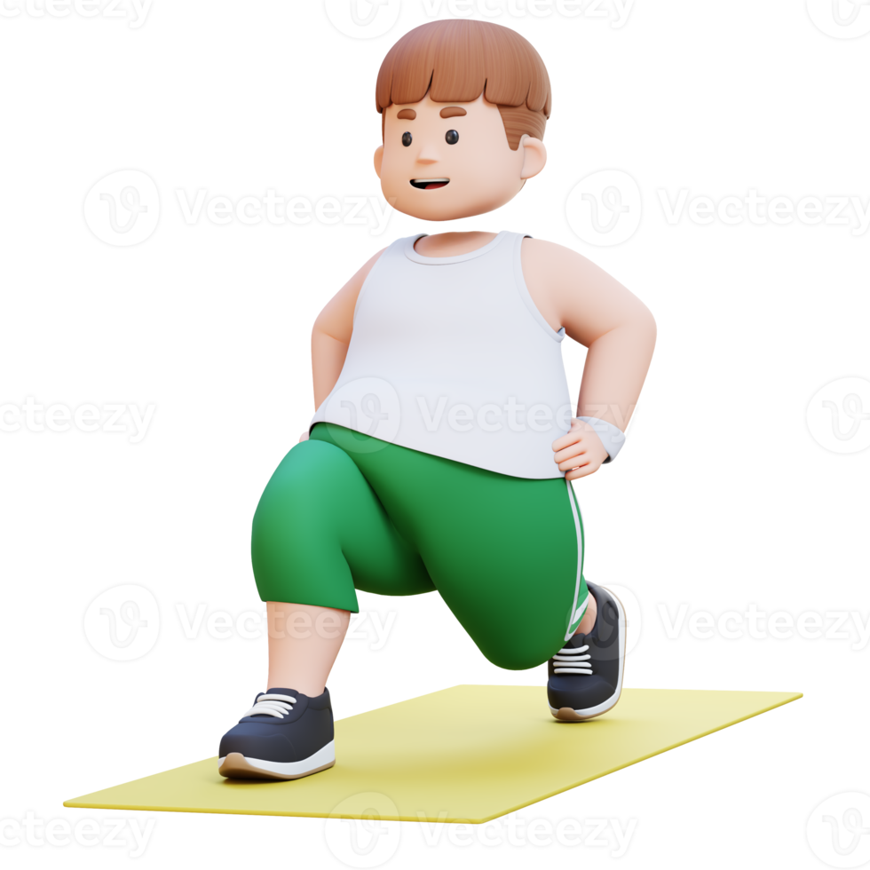 3D Plus Size Overweight Man character Dynamic Lunges Exercise on Yoga Mat png