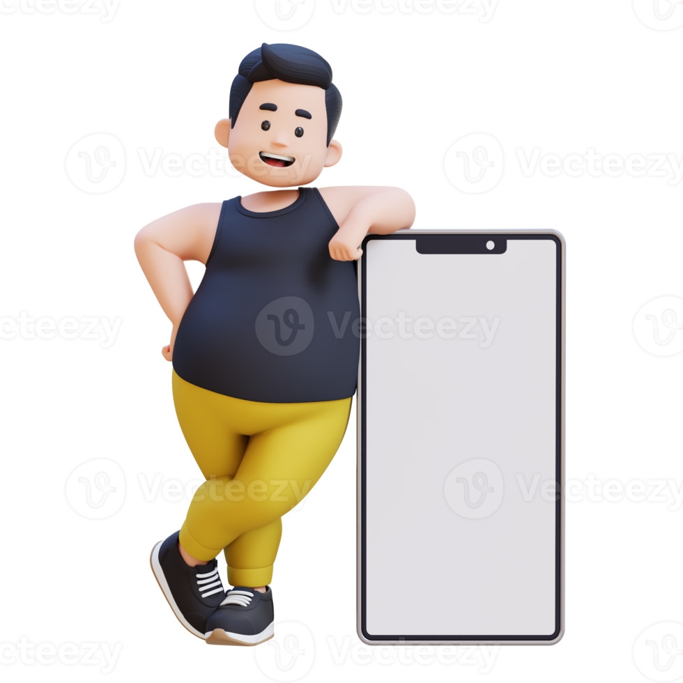 3D plus size overweight obesse man Leaning on a Smartphone png