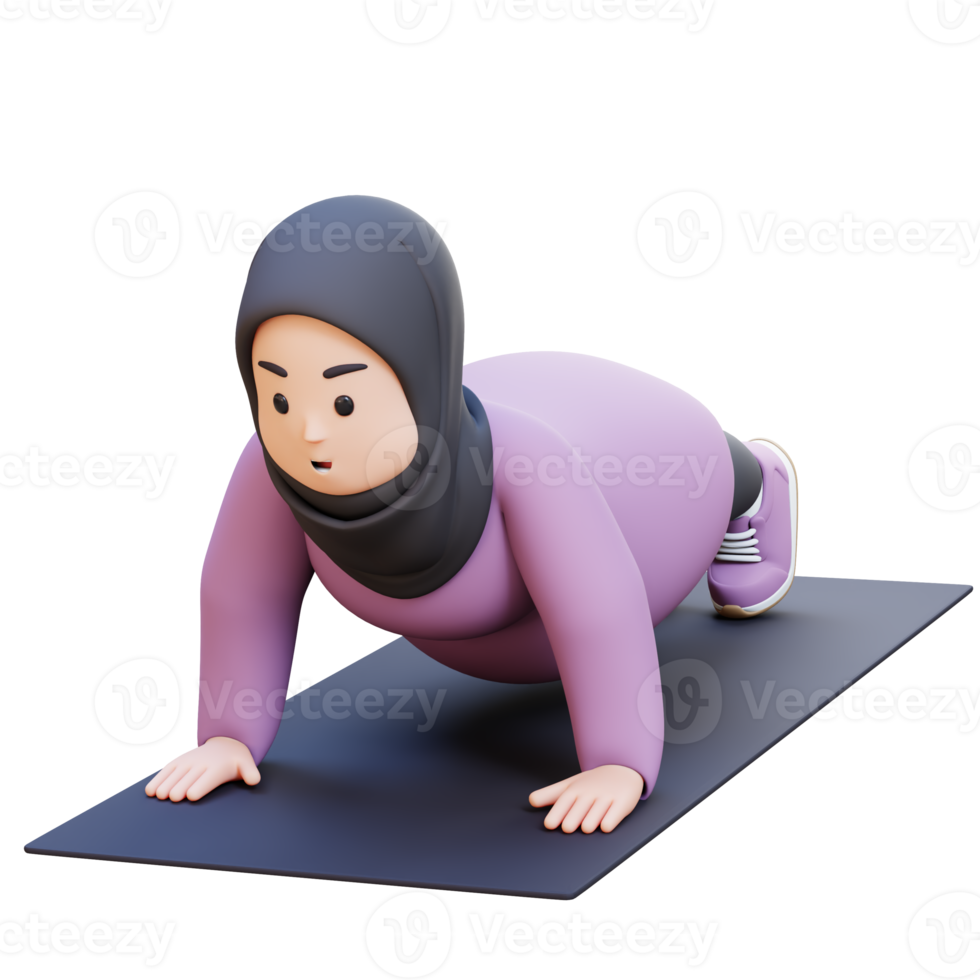 3D Plus Size Overweight muslim woman Doing Push Ups on a Mat png