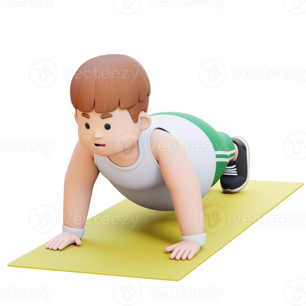 3D Plus Size Overweight Man character Doing Push Ups on a Mat png