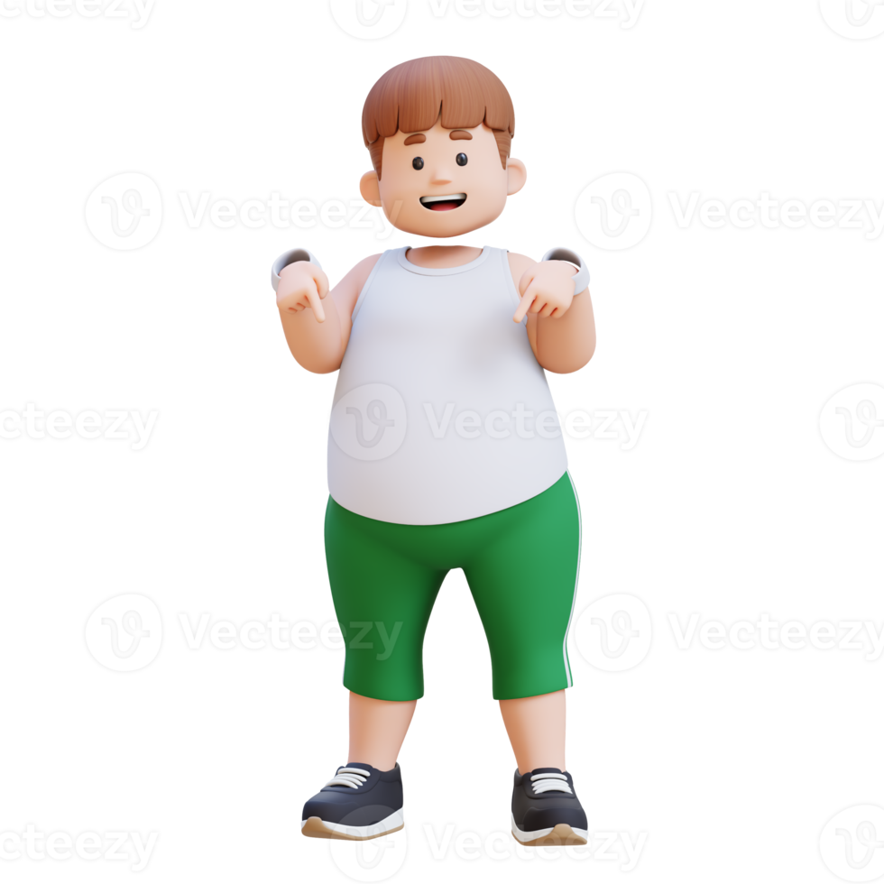 3D plus size overweight man character pointing to bottom png