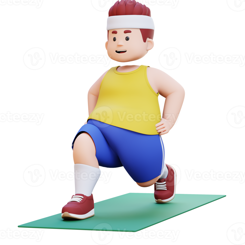 3D Plus Size Overweight big man Dynamic Lunges Exercise on Yoga Mat png