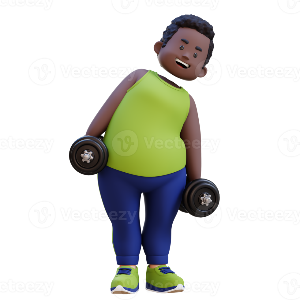 3D Plus Size Overweight obesse african man Dumbbell Side Bend exercise png