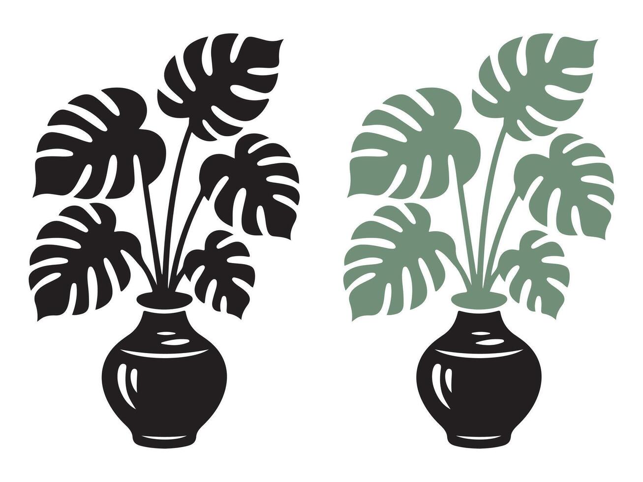 Minimalist illustration of a monstera plant in a vase in two color variations. vector
