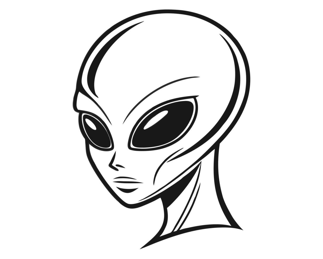 Artistic illustration of a classic grey alien head in black and white design. vector