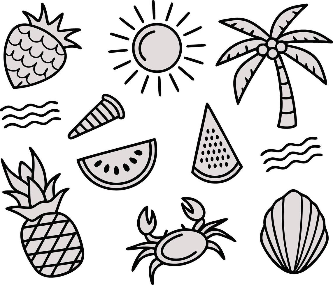 illustration of summer icons featuring fruits beach elements and seaside objects with a white background vector