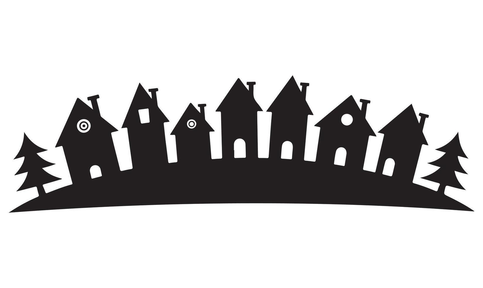 Black and white silhouette of a village with houses and christmas trees on white background vector