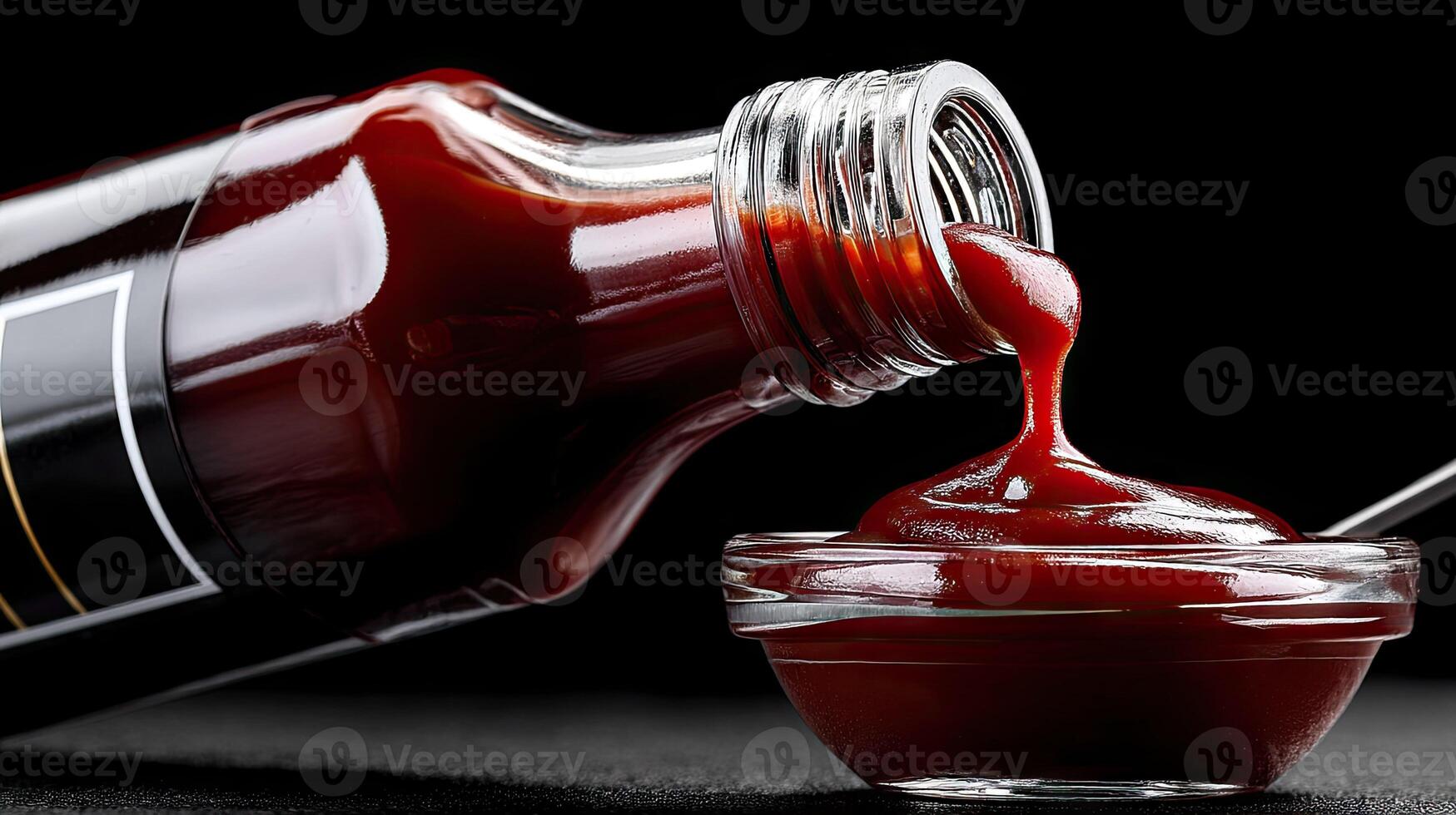 A bottle of barbecue sauce being poured into a glass photo