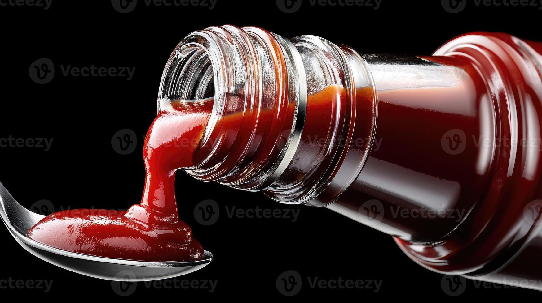 A spoonful of ketchup being poured into a bottle photo