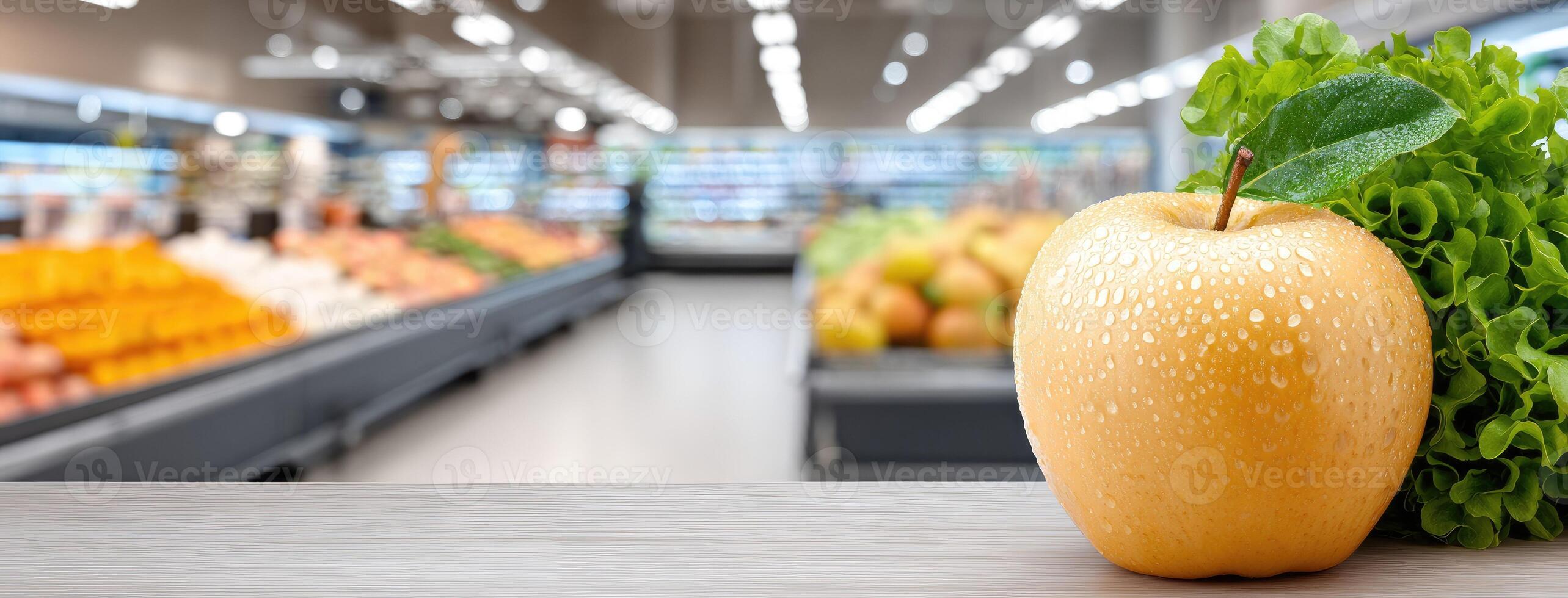 A yellow apple is sitting on a table in front of a grocery store photo