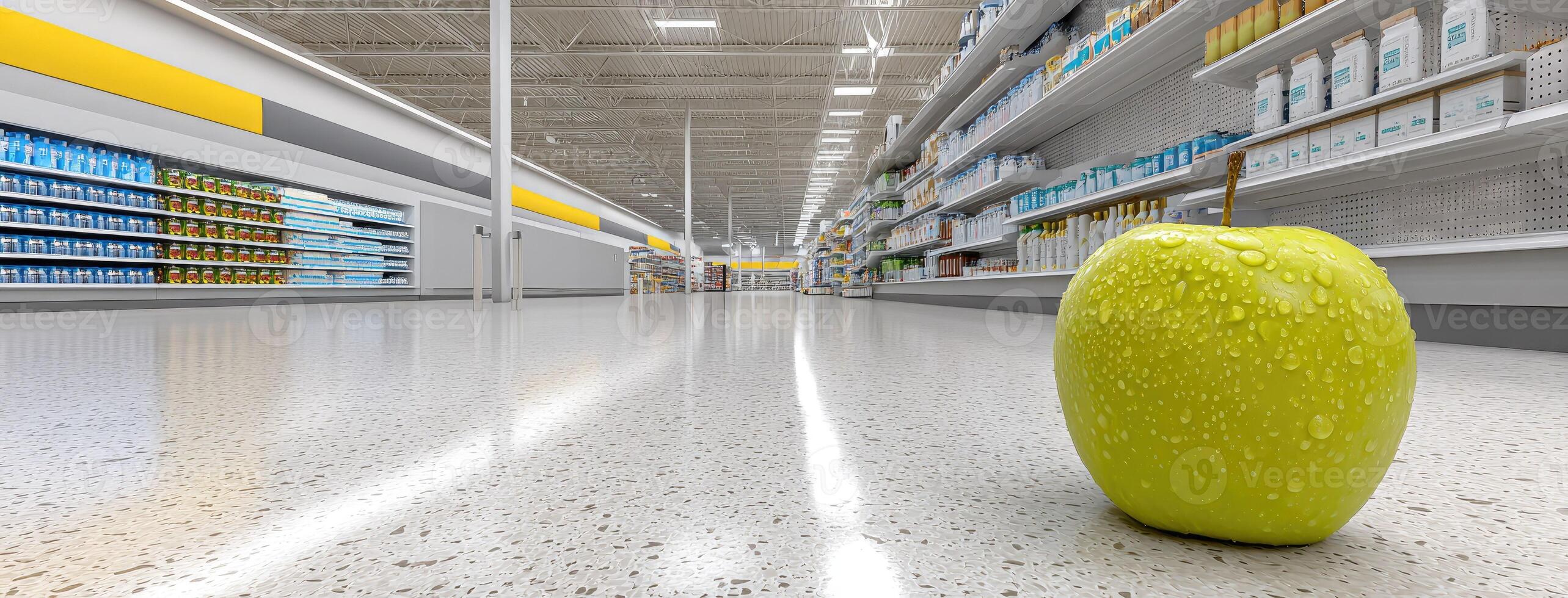 A yellow apple sitting on the floor of a store photo