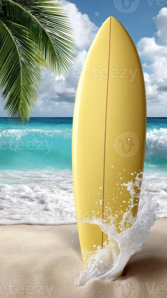 A yellow surfboard on the beach photo