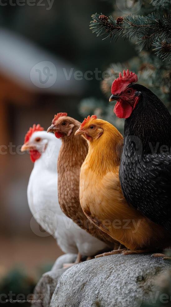 Three chickens are standing on a rock photo