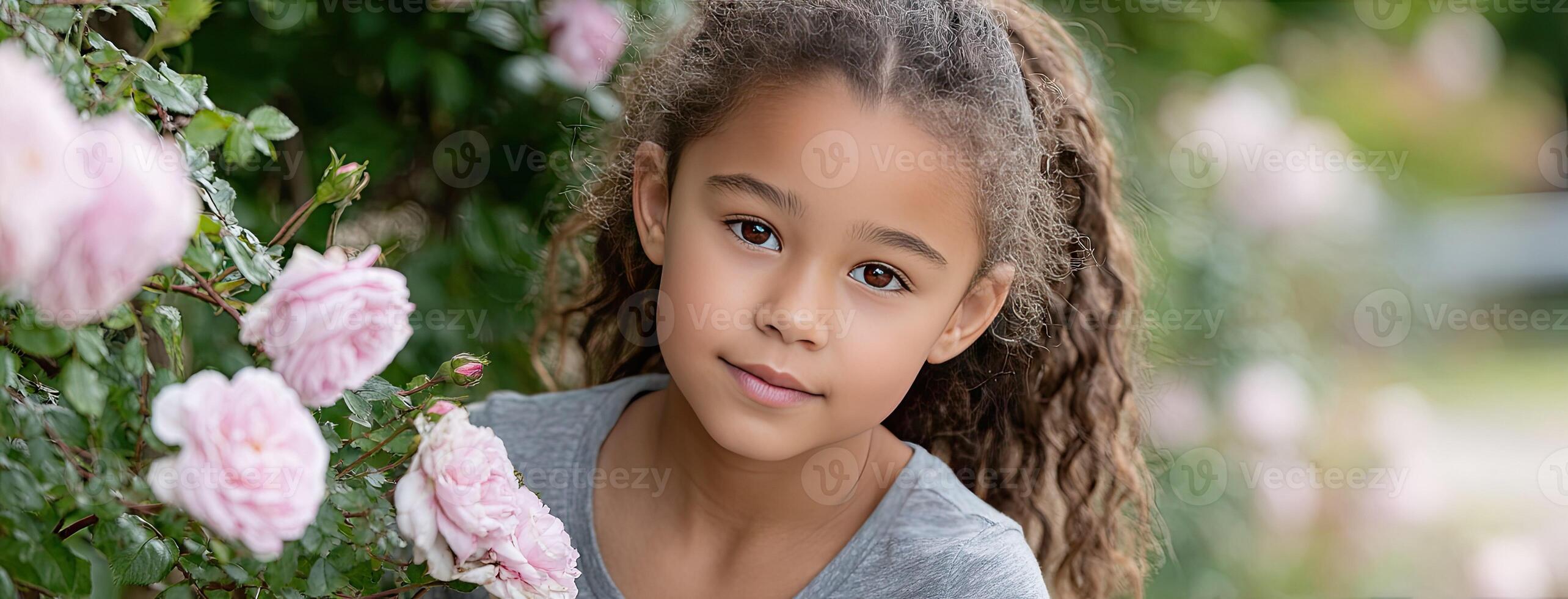 A young girl is posing for a photo in front of pink roses