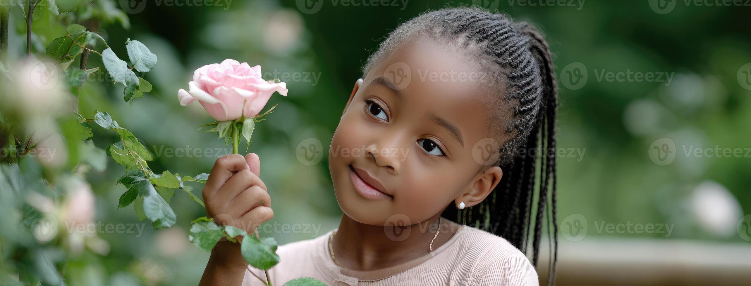 A young girl smiles while holding a pink rose photo