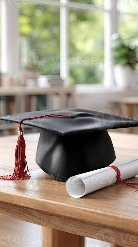 A graduation cap sits on top of a table with a diploma photo