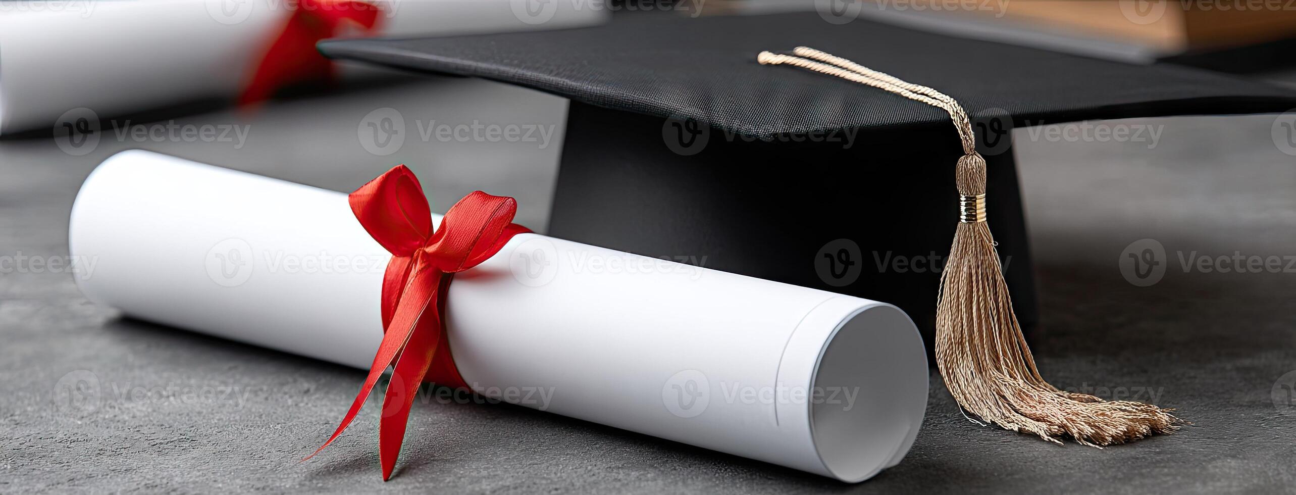 A graduation cap and diploma with red ribbon photo
