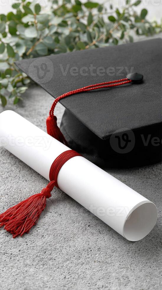 A graduation cap and diploma on a concrete surface photo