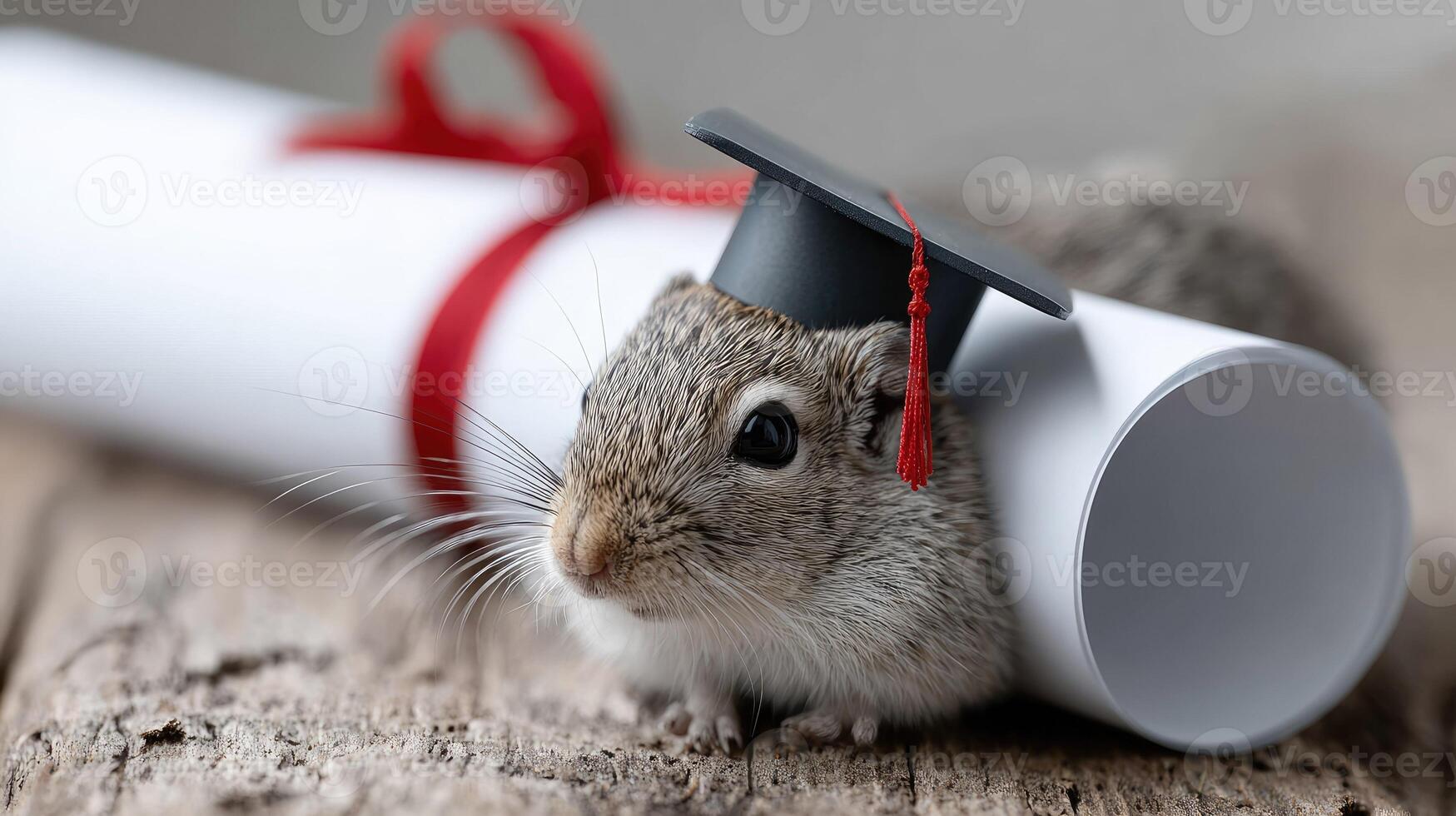 A squirrel wearing a graduation cap sits on top of a roll of paper photo