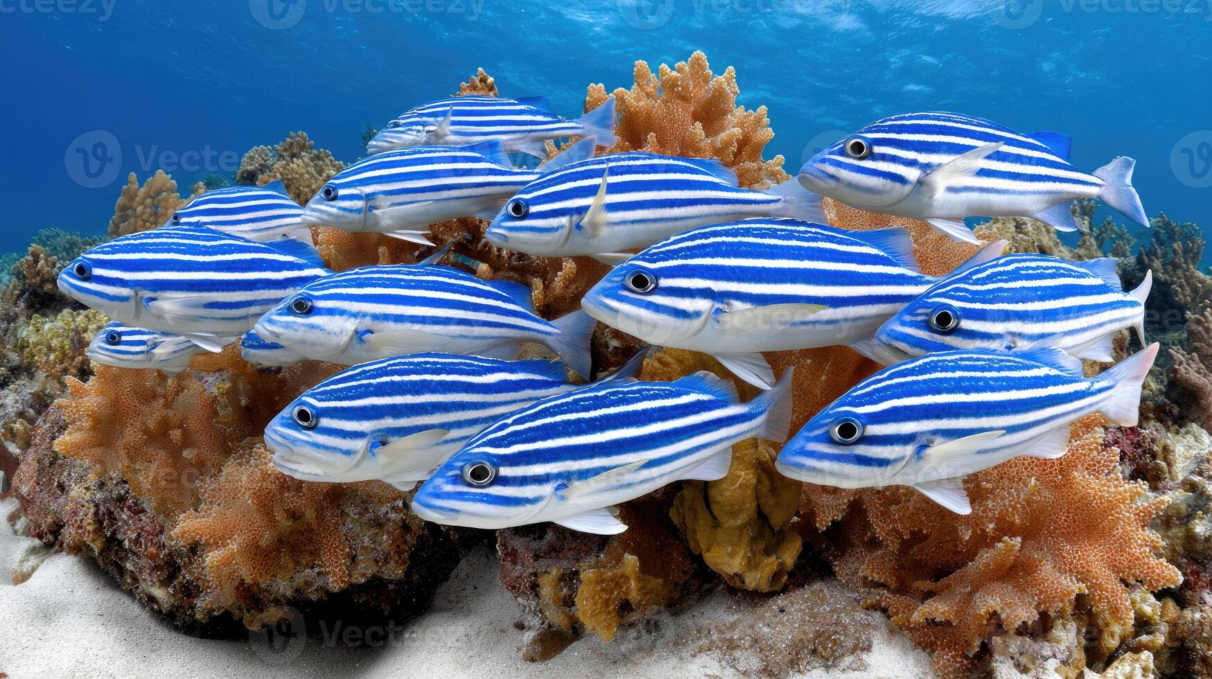A group of blue and white striped fish swimming on the ocean floor photo