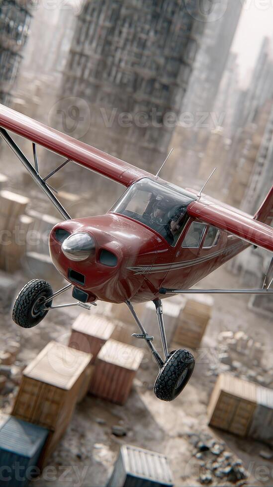 A red airplane flying over a city photo