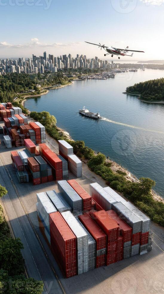 An aerial view of a container terminal with a plane flying over it photo