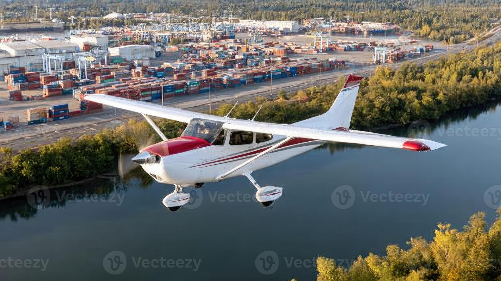 A small airplane flying over a river with a city in the background photo